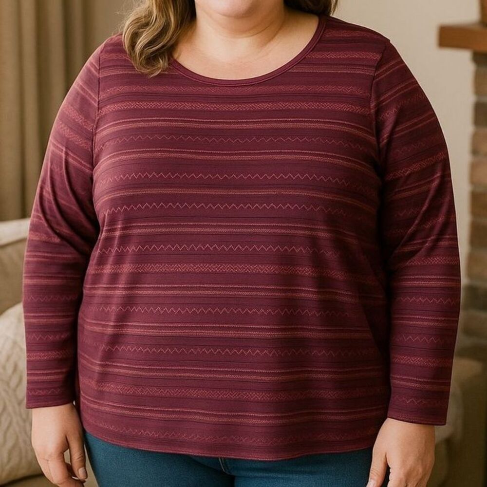 NorthCrest 4X Burgundy Striped 100% Cotton Long Sleeve Top Plus
